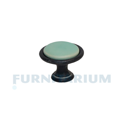 Ручка-кнопка, отделка железо чернёное c декапе + керамика зеленая, MM07.14.00 11 GREEN